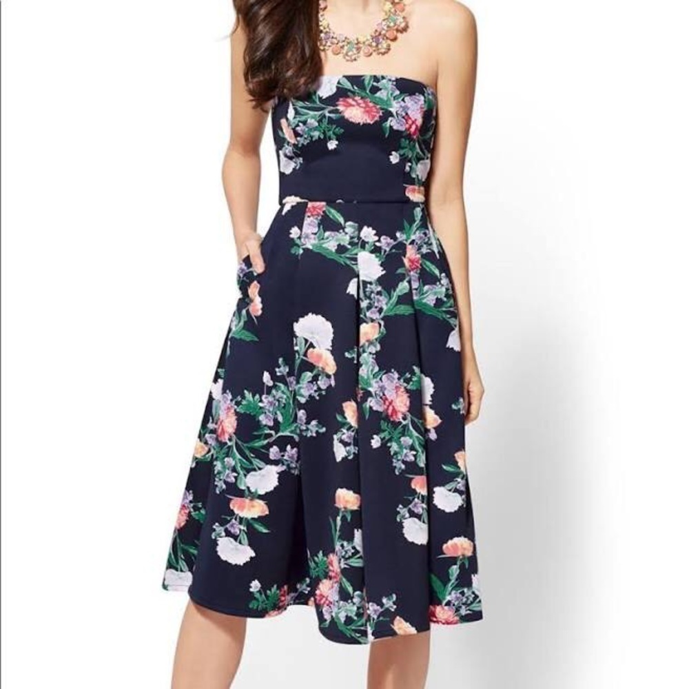 New York and Company Navy Floral Strapless Dress